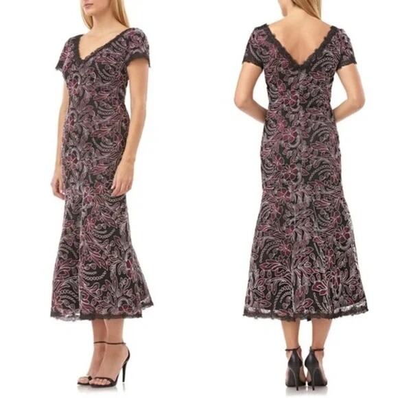 JS Collections Wine Embroidered V-Neck Floral Midi Dress Black Size 4 NWT - Picture 2 of 10